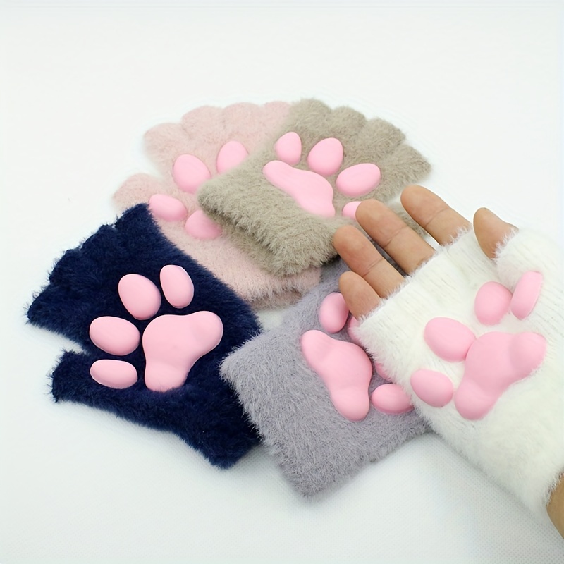 Cat Paw Soft Fuzzy Lined Flip Up Down Top Fingerless Mitten Gloves Cute Aesthetics Winter Warm Gloves Accessories,Temu