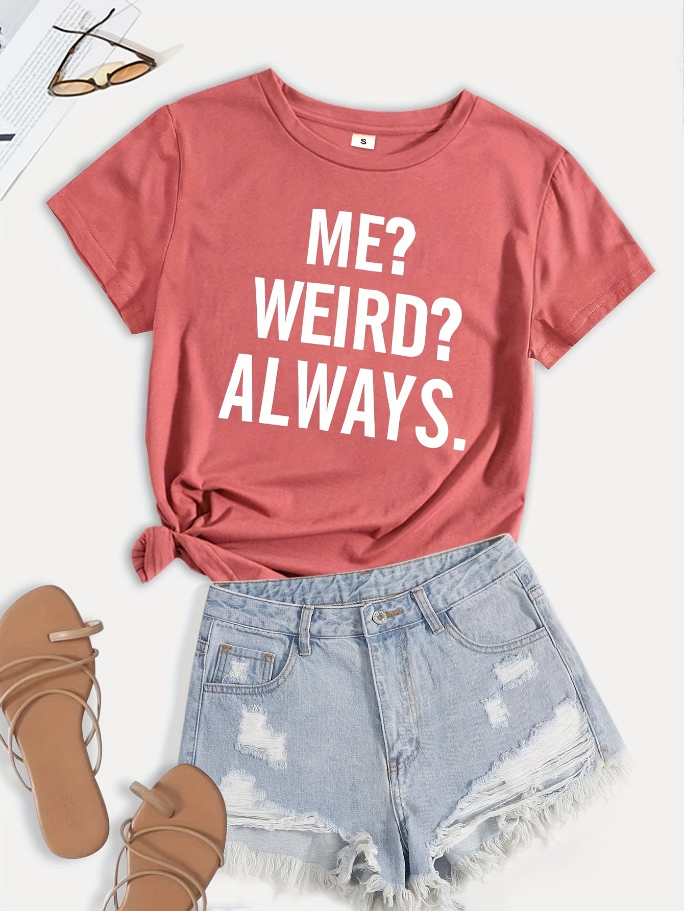 Always Weird Print T-Shirt, Short Sleeve Crew Neck Casual Top For Summer & Spring, Women's Clothing