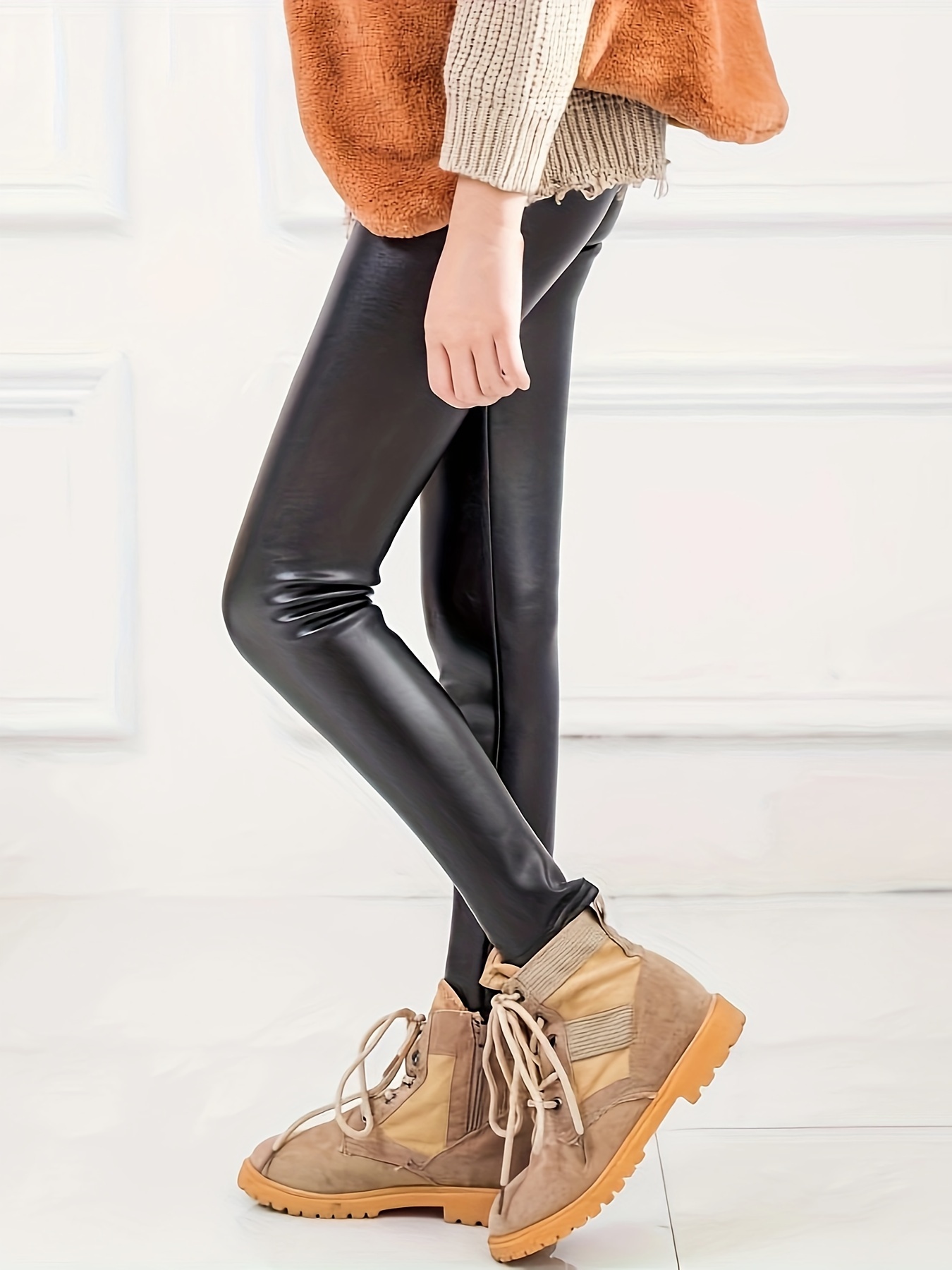 Kids Girl PU Leather Leggings Pants Winter Thermal Fleece Lined