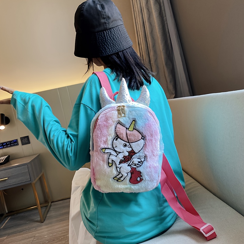 Mochila de unicornio con lentejuelas de arcoíris suave y peluda, mochilas  escolares para niñas