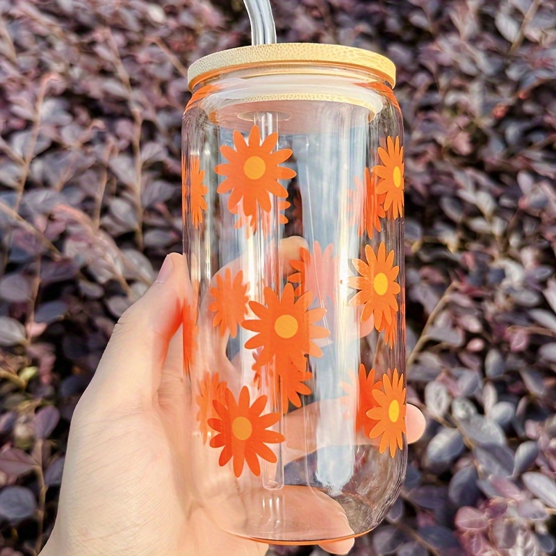 Flower Pattern Drinking Glass With Bamboo Lid And Straw Can - Temu
