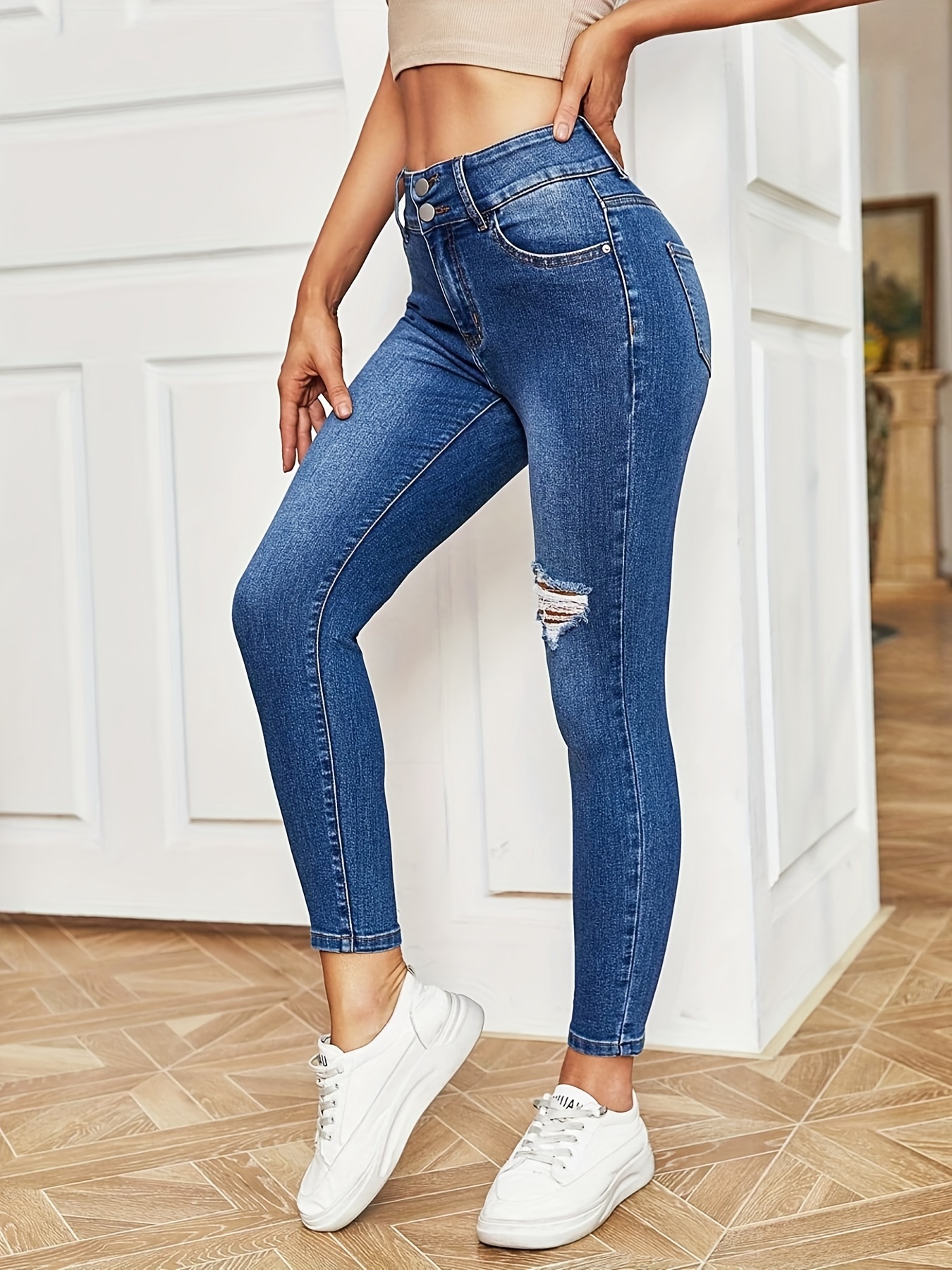 Double Button High Mom Jeans Light Washed Blue Slash - Temu South Africa