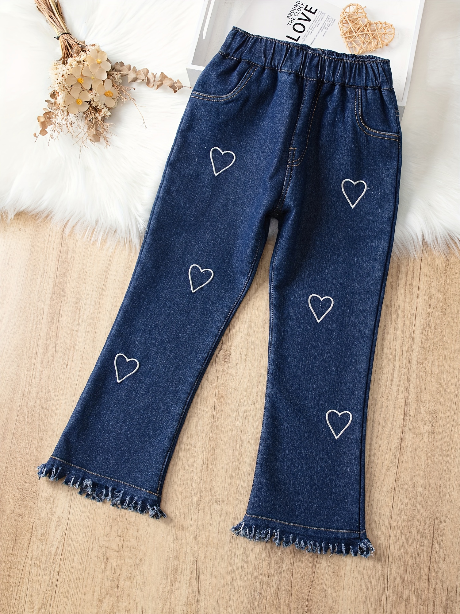 Girls' *-Hem Fleece Jeans Cute Hearts Pattern Regular Fit Trendy & Warm  Denim Pants For Autumn And Winter, Girls' Clothing