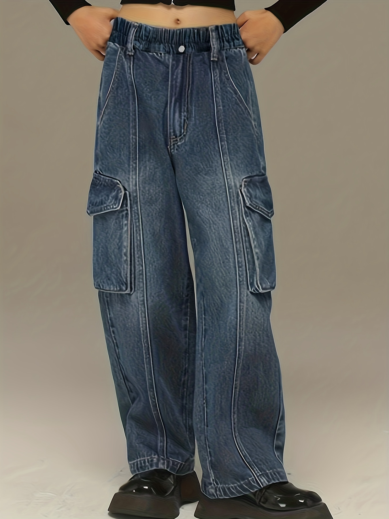 Blue Flap Pockets Cargo Pants, High Waist Straight Legs Slight-Stretch  Denim Pants, Y2K & Kpop Style, Women's Denim Jeans & Clothing