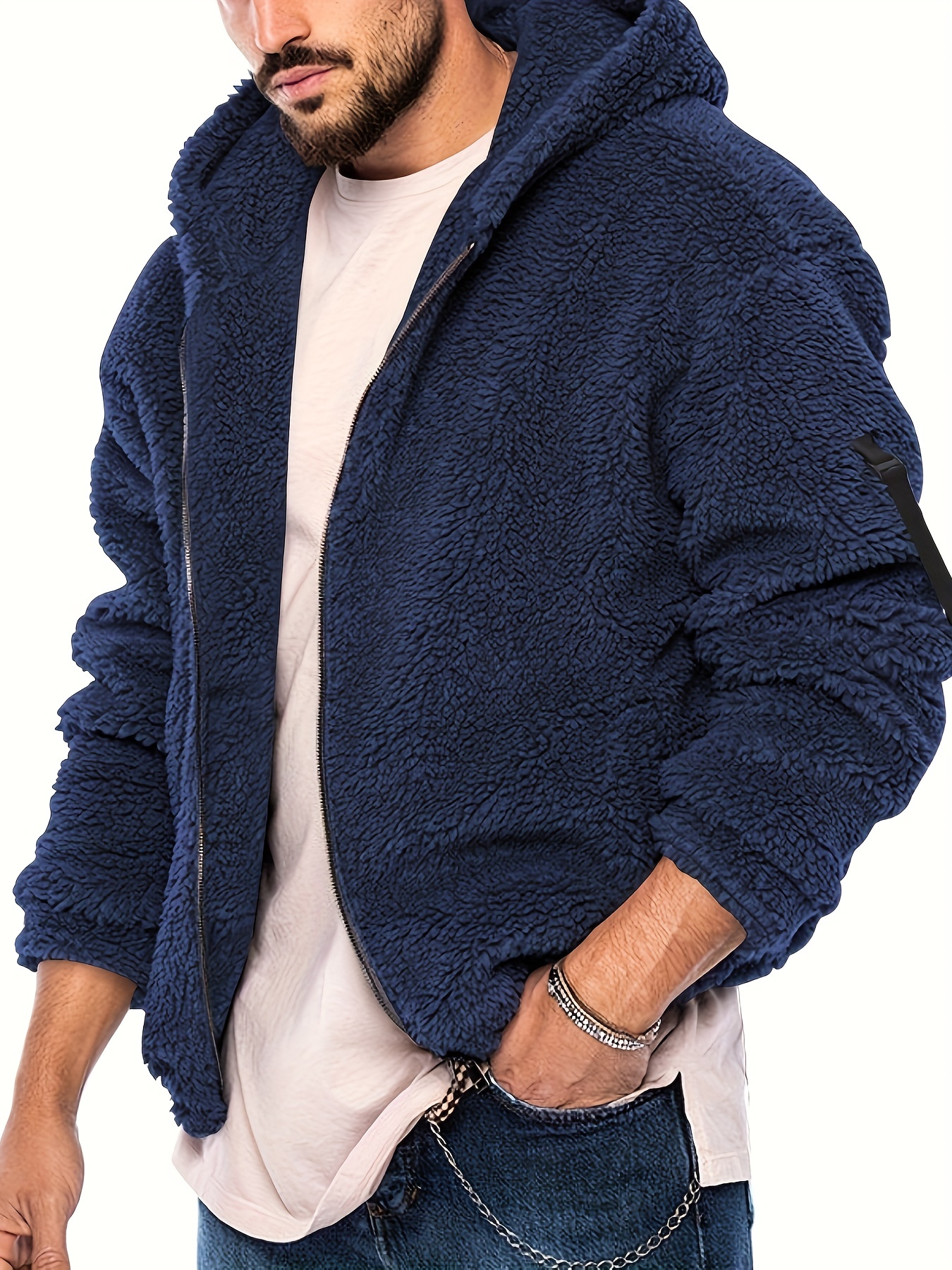 Solid Sherpa Lined Men's Fluffy Hooded Jacket Casual Polar - Temu