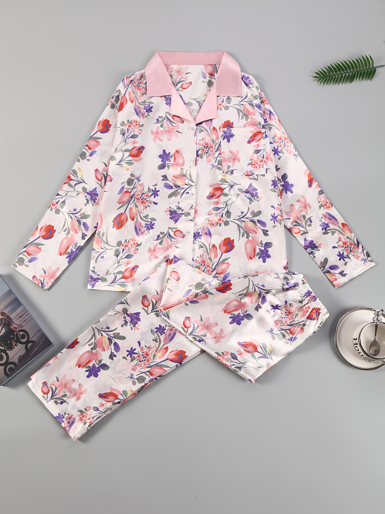 Elegant Floral Print Pajama Set, Long Sleeve Button Up Top & Elastic  Waistband Pants, Women's Sleepwear & Loungewear - Temu