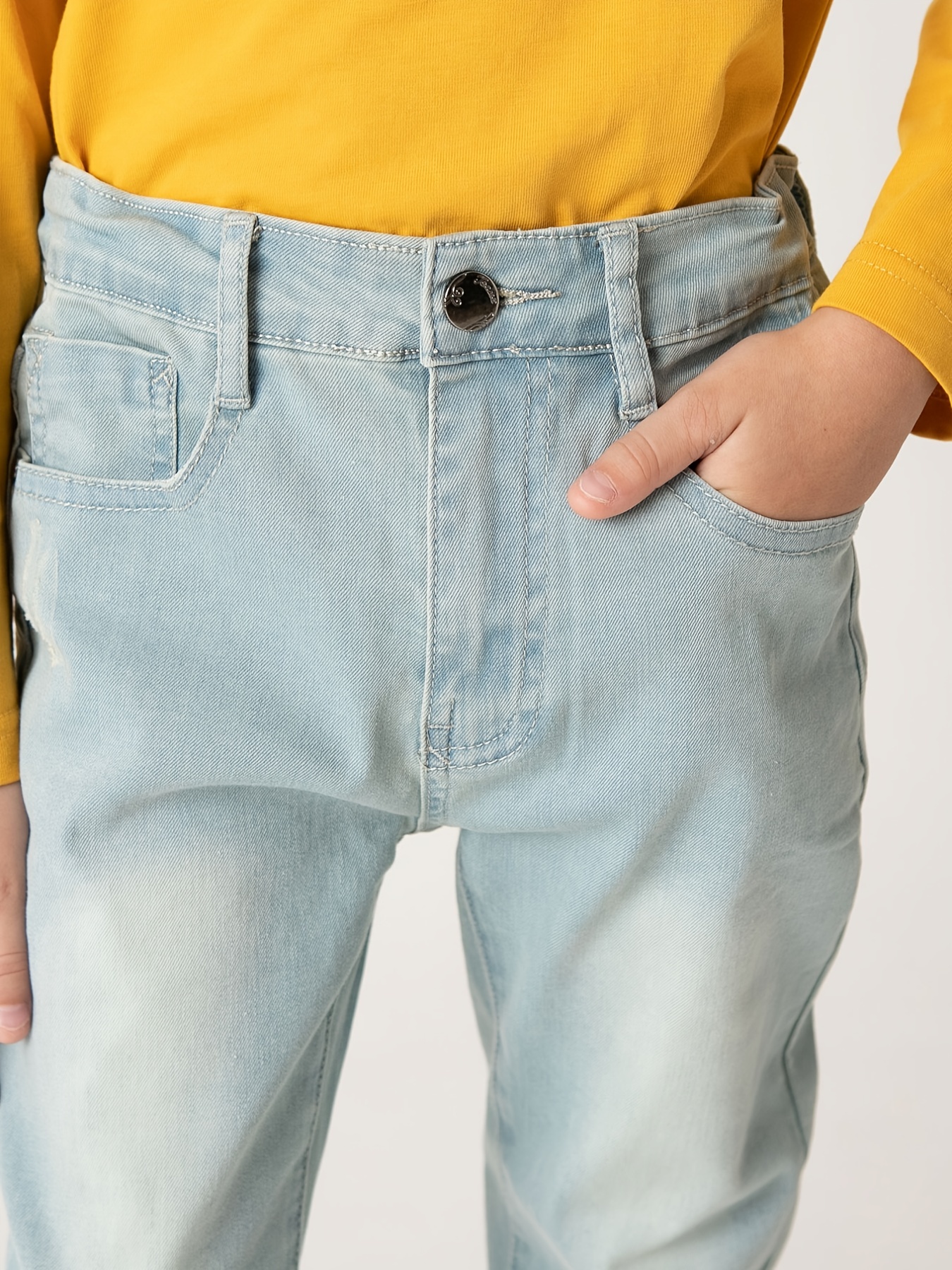Boys Casual Simple Vintage Denim Jeans, Slim Fit Light Blue Pants