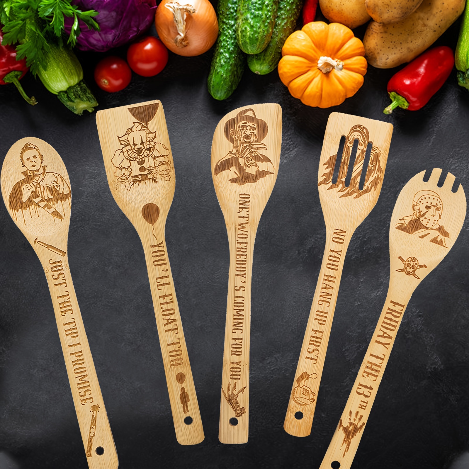 5pcs cooking spoons funny engraved wooden cooking spoons horror character bamboo wood utensils cookware kit horror movie theme kitchen decor gift for movie lover christmas party housewarming birthday gift details 0