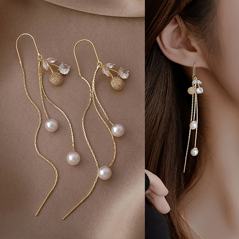 

Elegant Style Cherry Shaped Threader Earrings Faux Pearl Tassel Earrings Alloy Rhinestone Decor Earrings Jewelry For Banquet Party Wearing