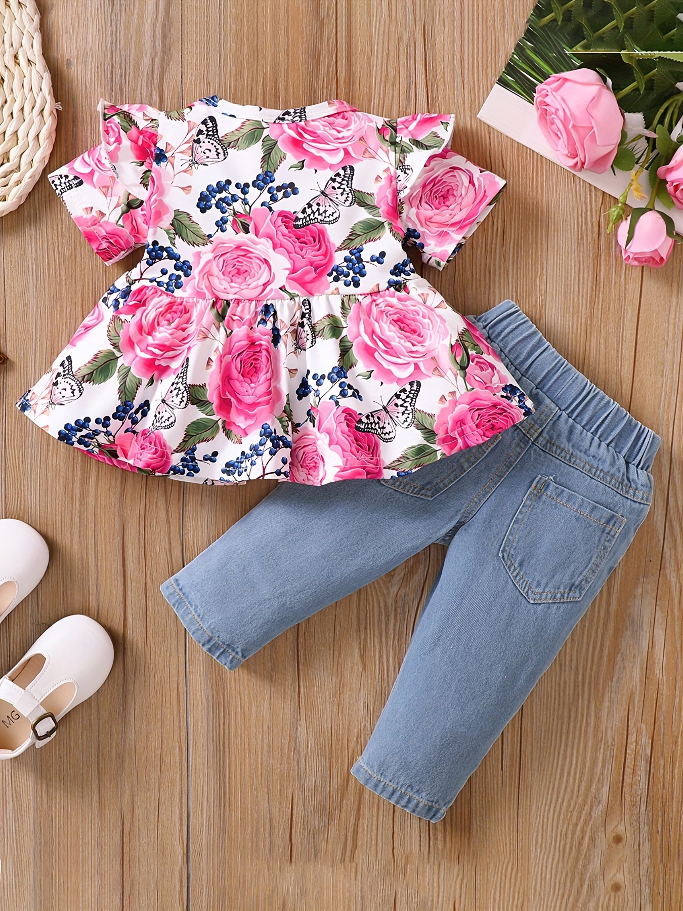 Cute Floral Print Outfit Flutter Sleeves Ruffle Hem Skirt - Temu