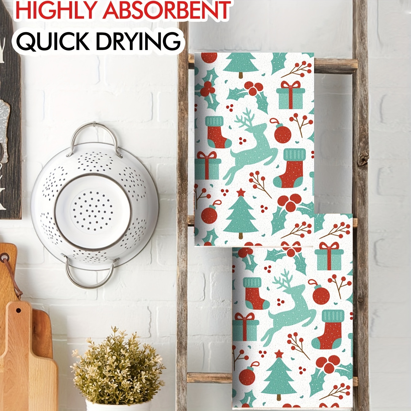 Christmas Pattern Dish Towels, Soft Absorbent Fingertip Towel