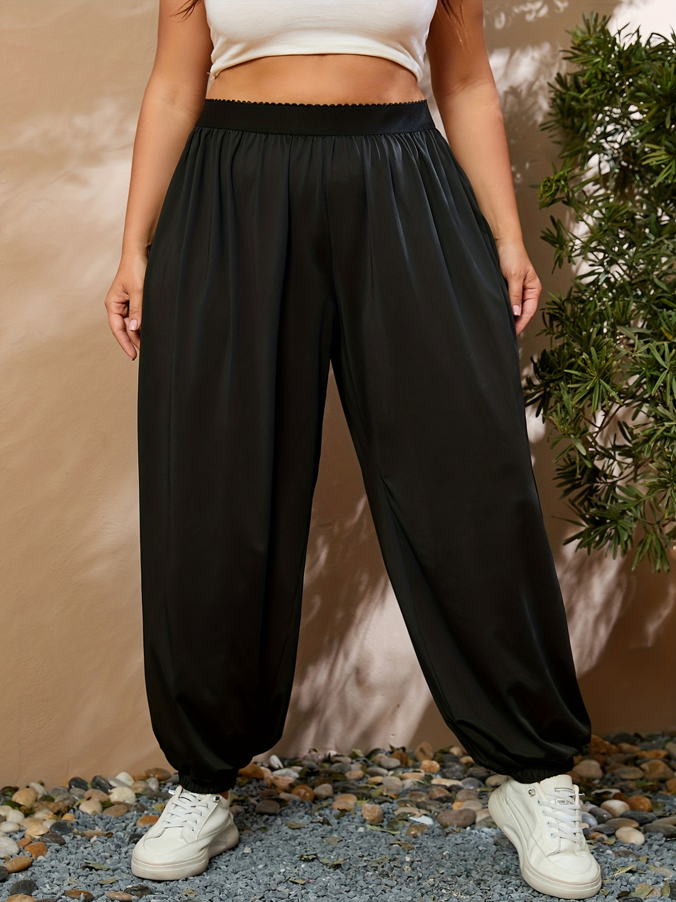 Solid High Waist Elastic Long Length Pants Slim Stylish - Temu