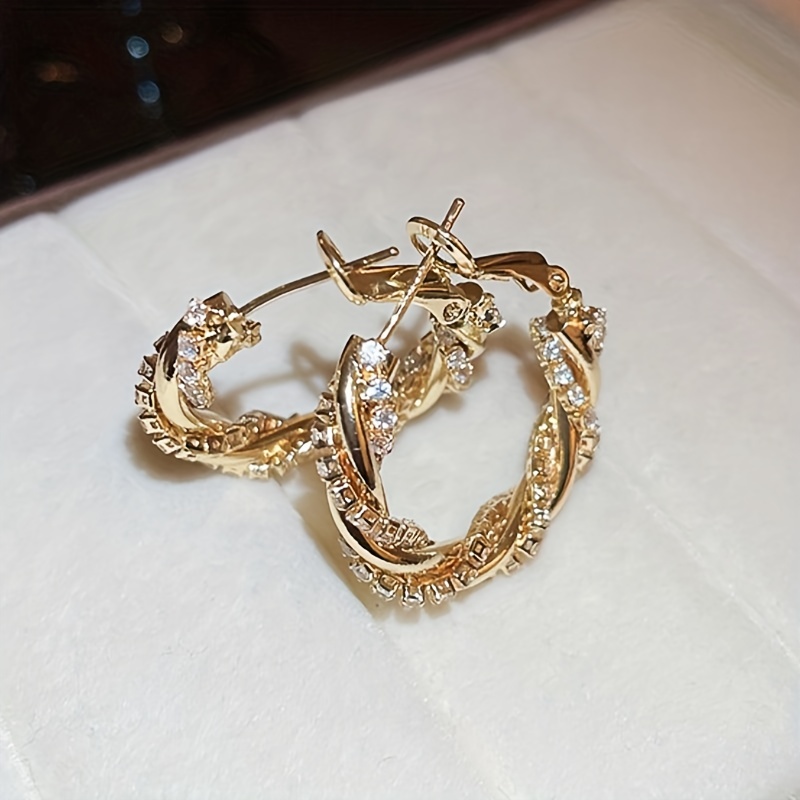 Women's 18K Plated Golden Twist Hoop Earrings with Zircon Decor