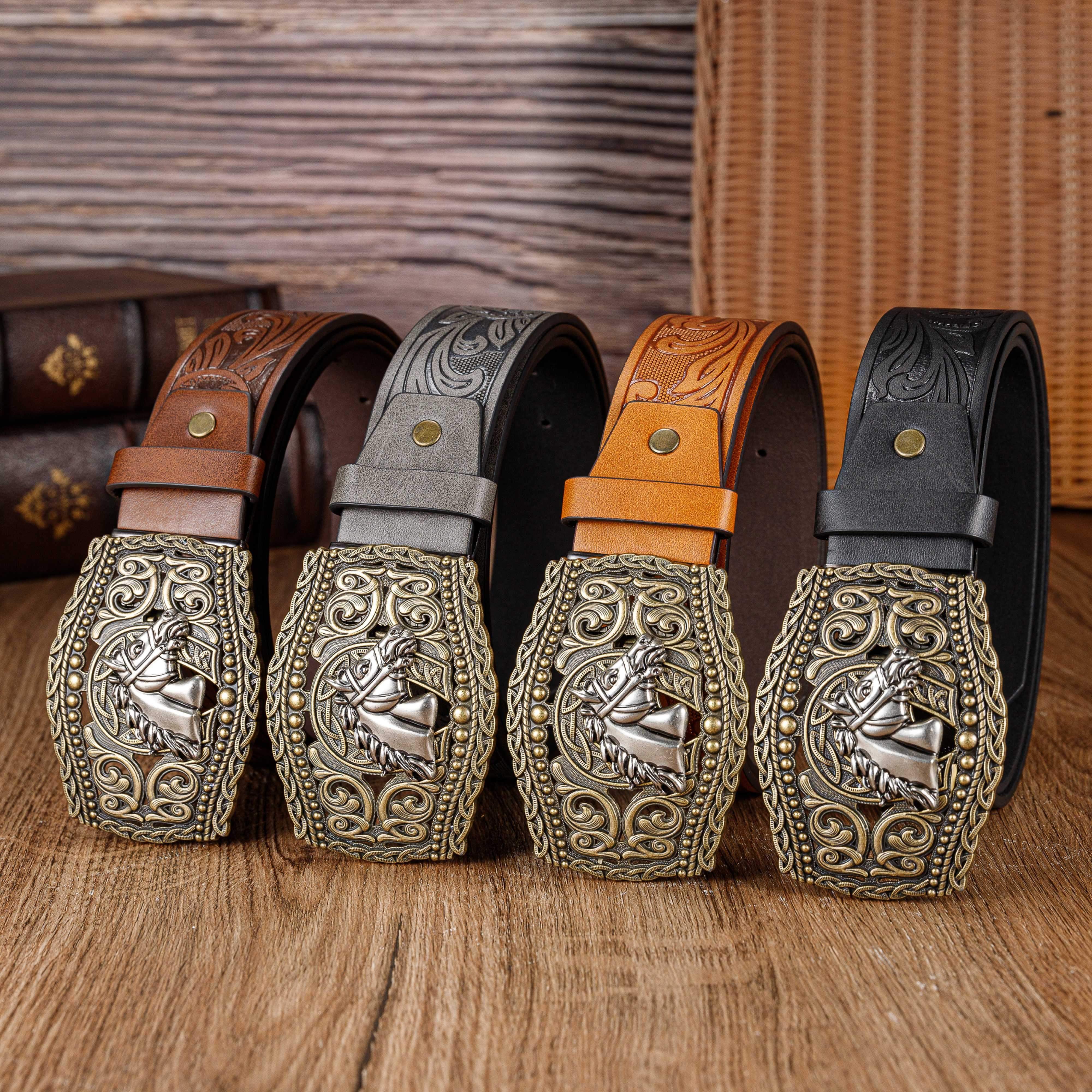Hollow Lace Horse Head Large Board Buckle Pu Embossed Pu Leather Belt  Trendy Versatile Mens Belt Ideal Choice For Gifts, Shop The Latest Trends