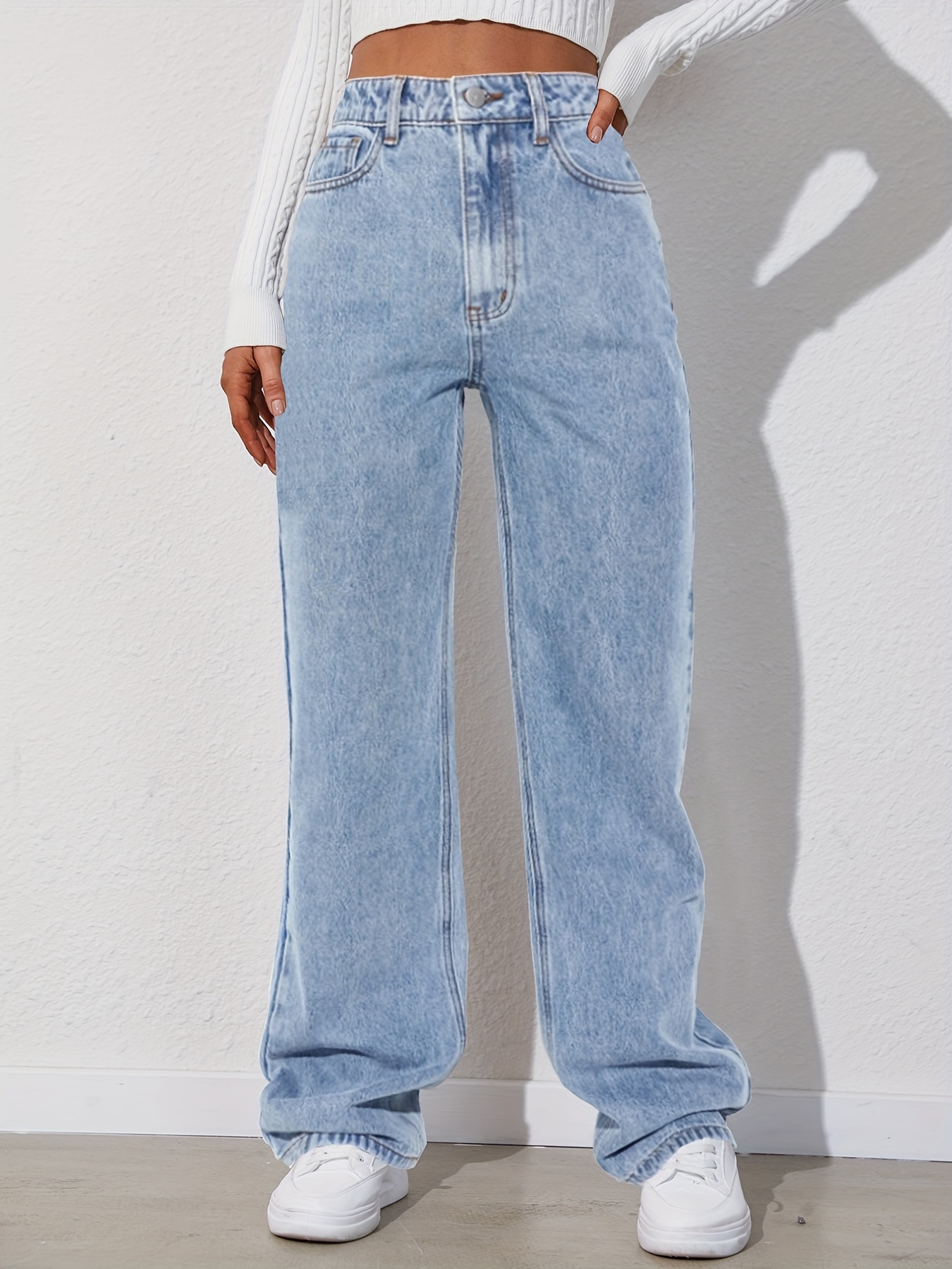 Light Blue Versatile Straight Jeans, Loose Fit Slash Pockets Baggy Denim  Pants, Women's Denim Jeans & Clothing