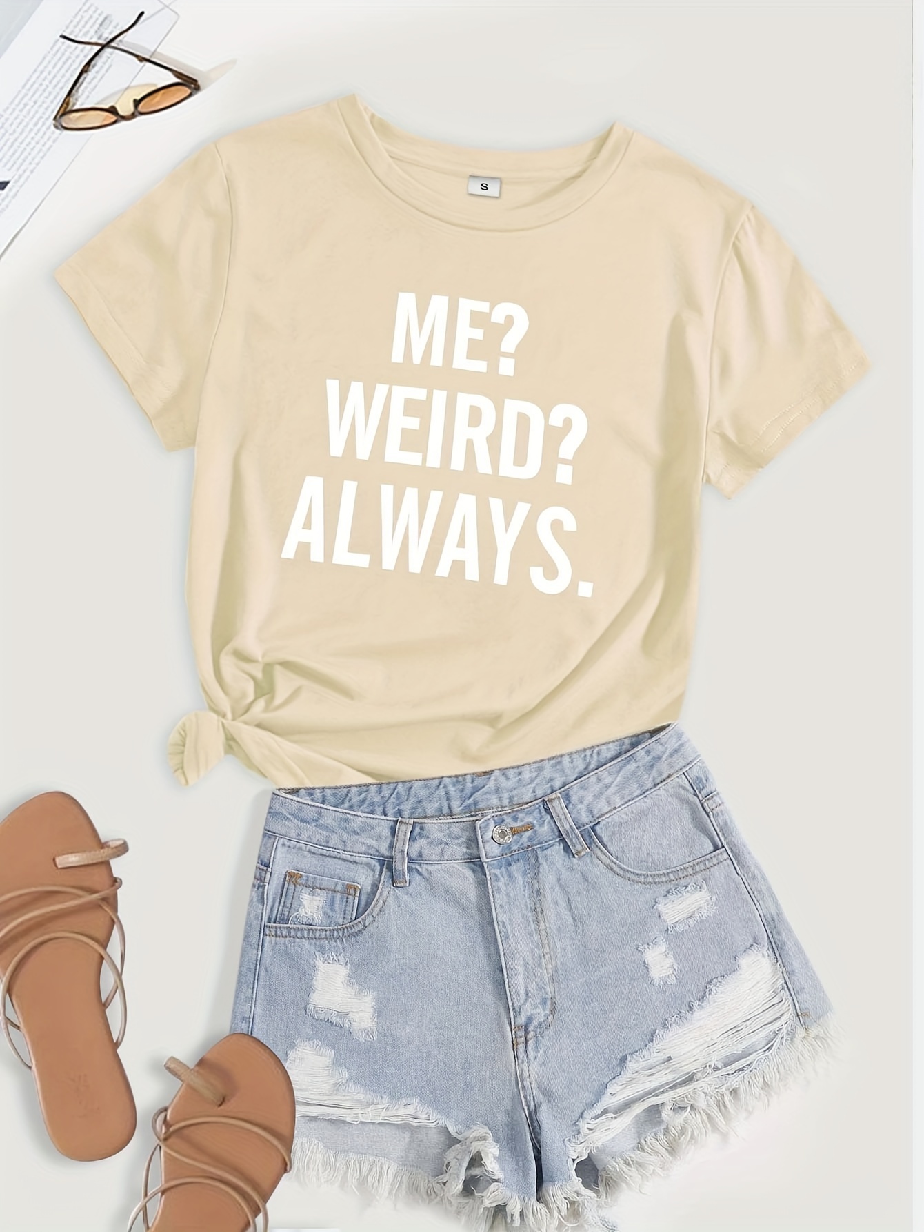 Always Weird Print T-Shirt, Short Sleeve Crew Neck Casual Top For Summer & Spring, Women's Clothing