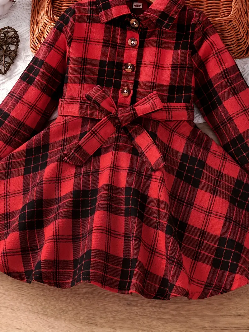 girls classic plaid dress with bowknot belt collar long sleeves dress for spring autumn details 16