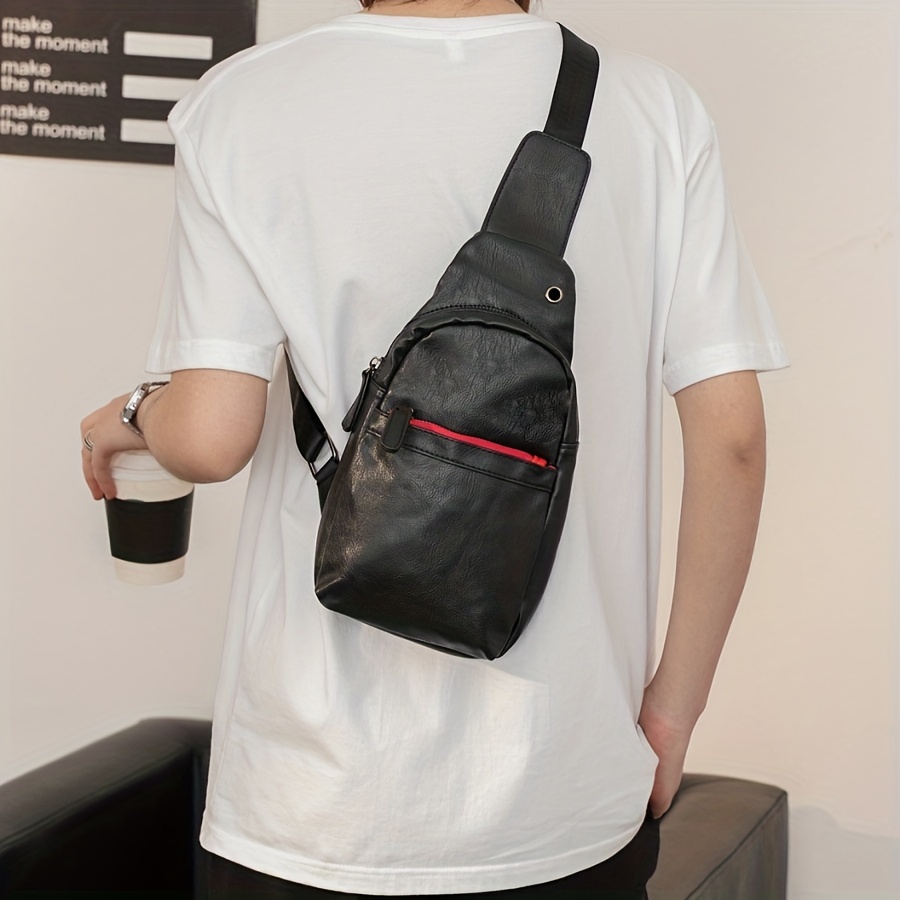 Men's Leather Crossbody Bag Chest Bag with Earphone Hole