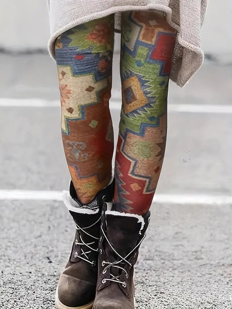 Geo Print Skinny Leggings, Vintage Elastic Waist Stretchy Leggings, Women's  Clothing