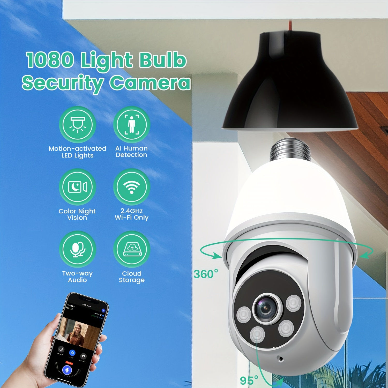 Cámara de seguridad con bombilla, cámara IP panorámica de 360 grados con  giro/inclinación, 2,4