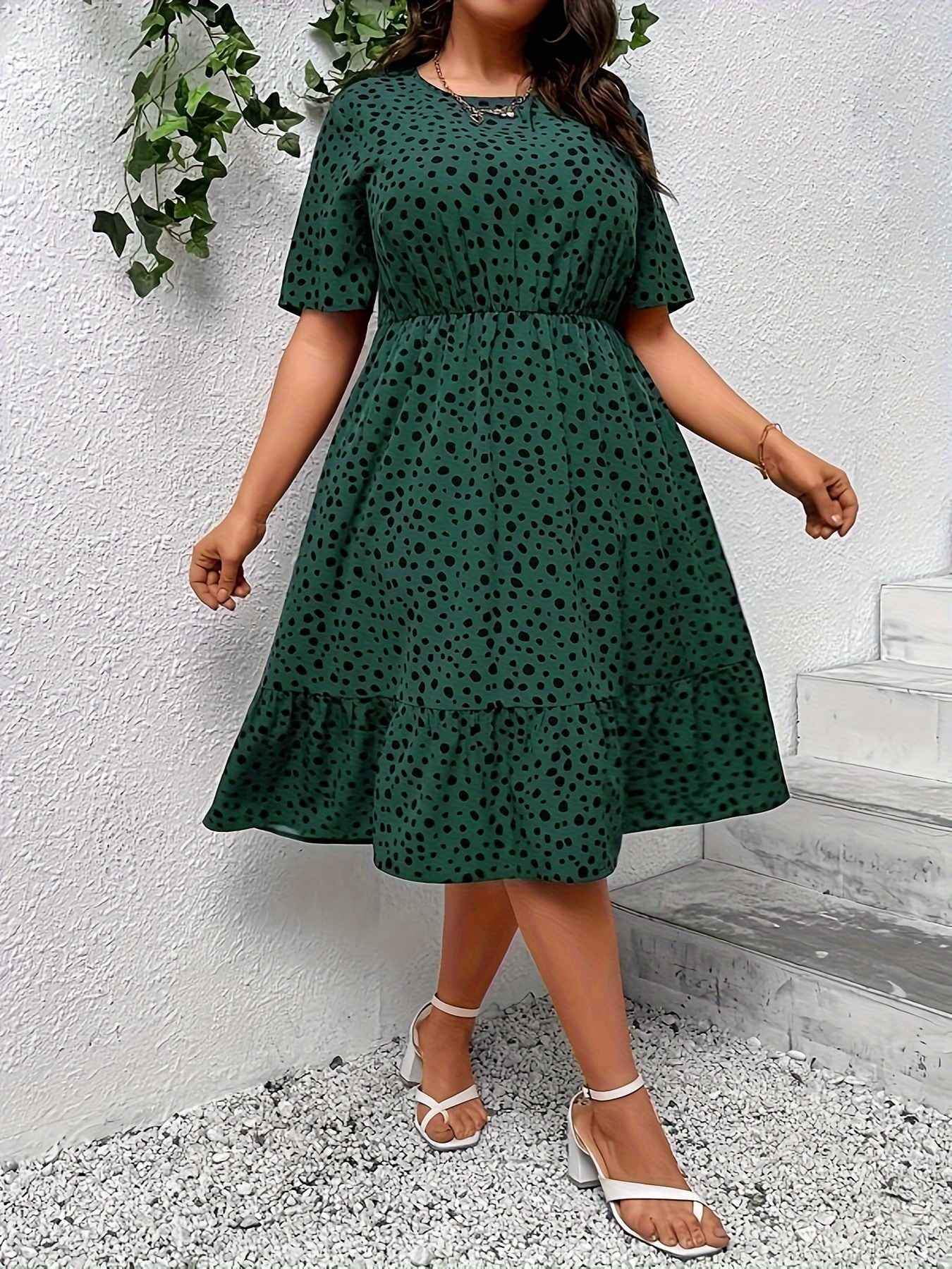 SHEIN CURVE+ Plus Polka Dot & Floral Print Lantern Sleeve Ruffle Hem Dress