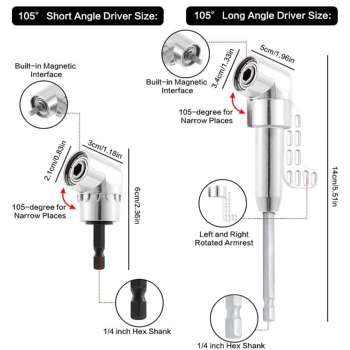 105 Degrees Right Angle Driver,Right Angle Drills,1/4 Hex Shank Quick  Change Drive and Magnetic Bit Socket for Tight Space (Long + Short 2 Pack)