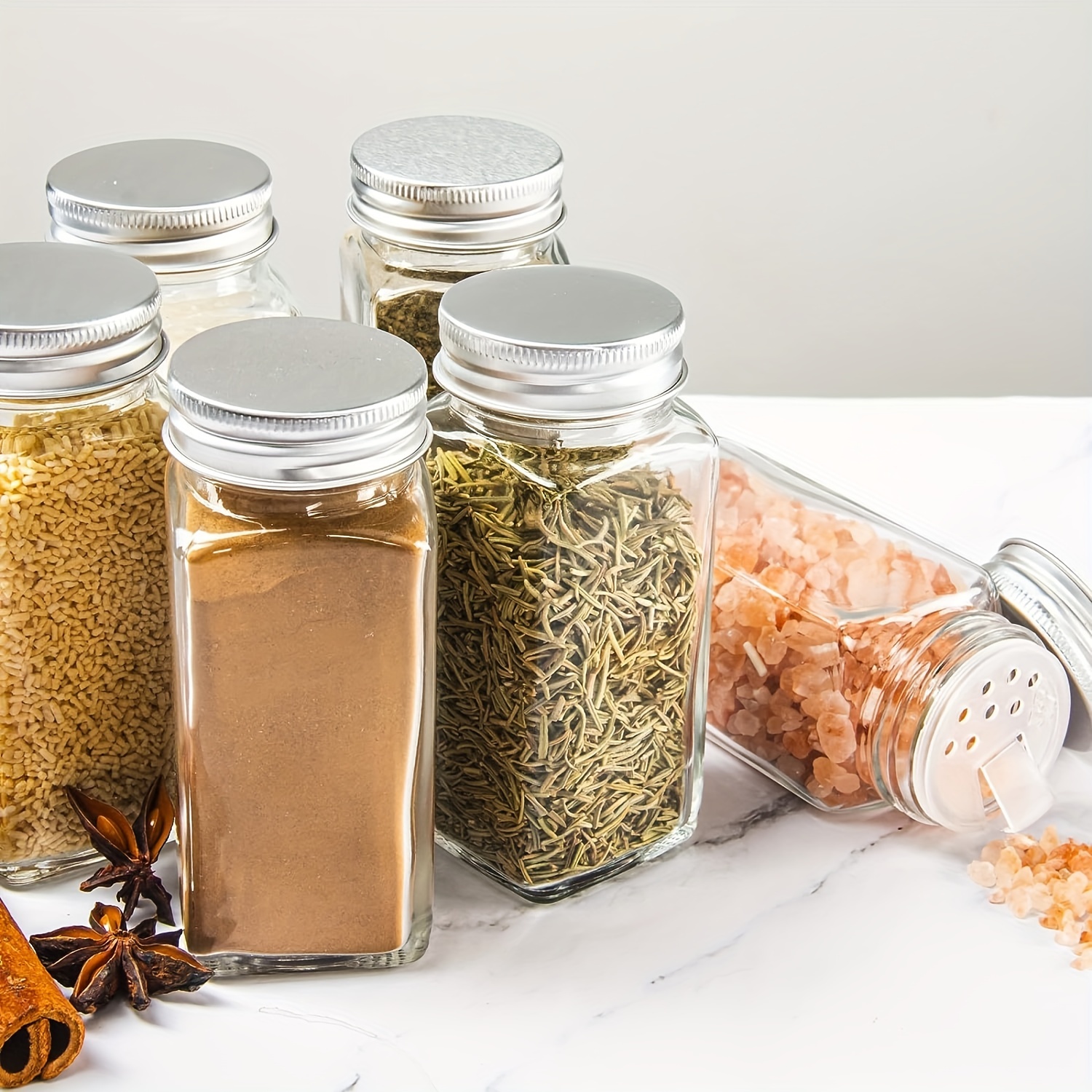6oz, BEST VALUE 14 Glass Spice Jars includes pre-printed Spice Labels. 14  Square Empty Jars
