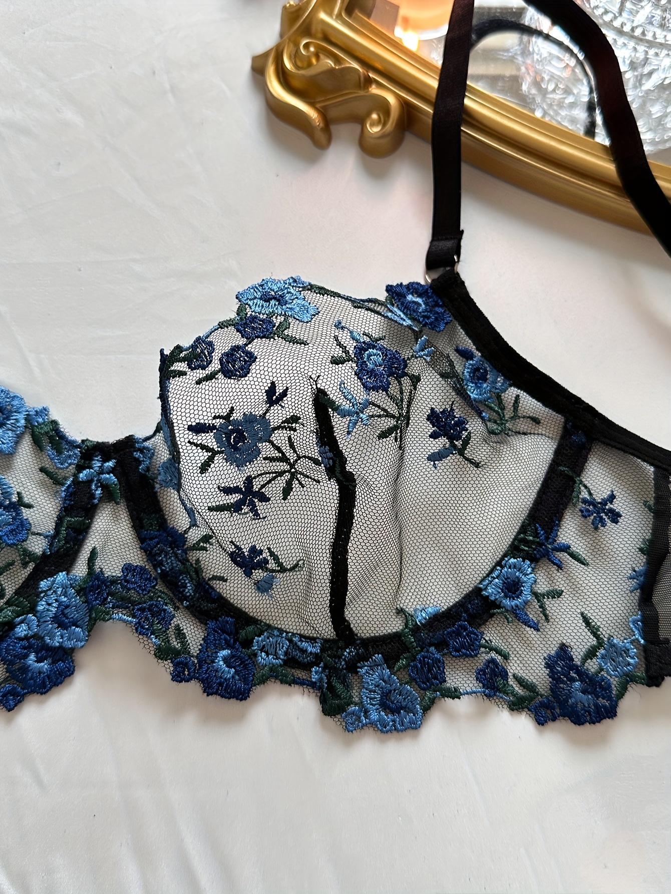 NWT Bra 40C Blue Underviews Lace Cotton Embroidery Floral Plus