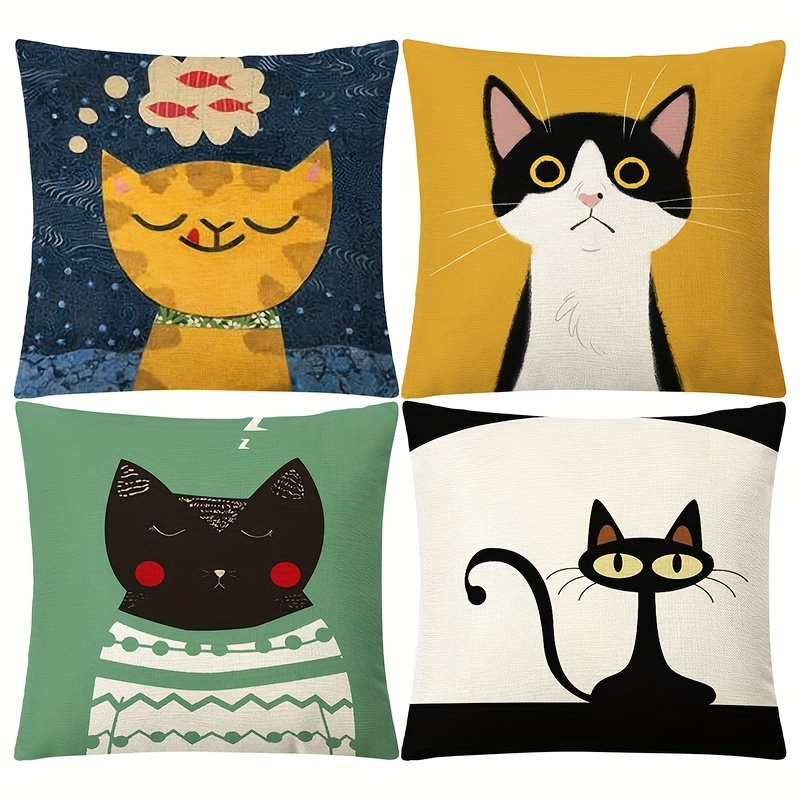 

4pcs Nordic Cat Pillow Cover - Soft Linen Pillowcase With Digital Print - Perfect For Living Room, Bedroom, And Sofa - No Pillow Insert Included - 18x18 Inches