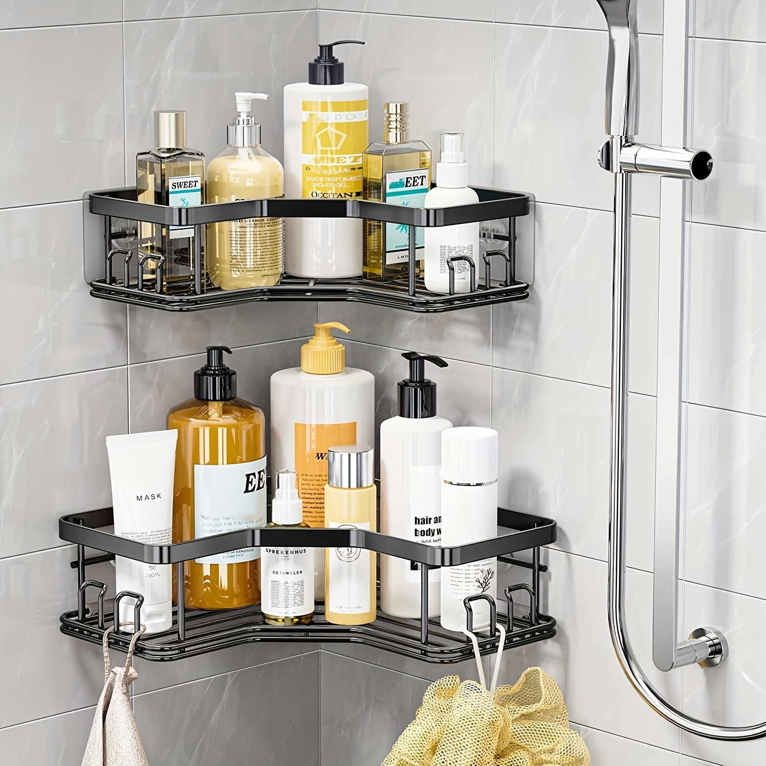 Corner Shower Caddy, Shower Organizer Corner Shower Shelf with 8  Hooks.2-Pack Adhesive Stainless Steel Shower Shelves for bathroom, dorm and  kitchen (Matte Black) 