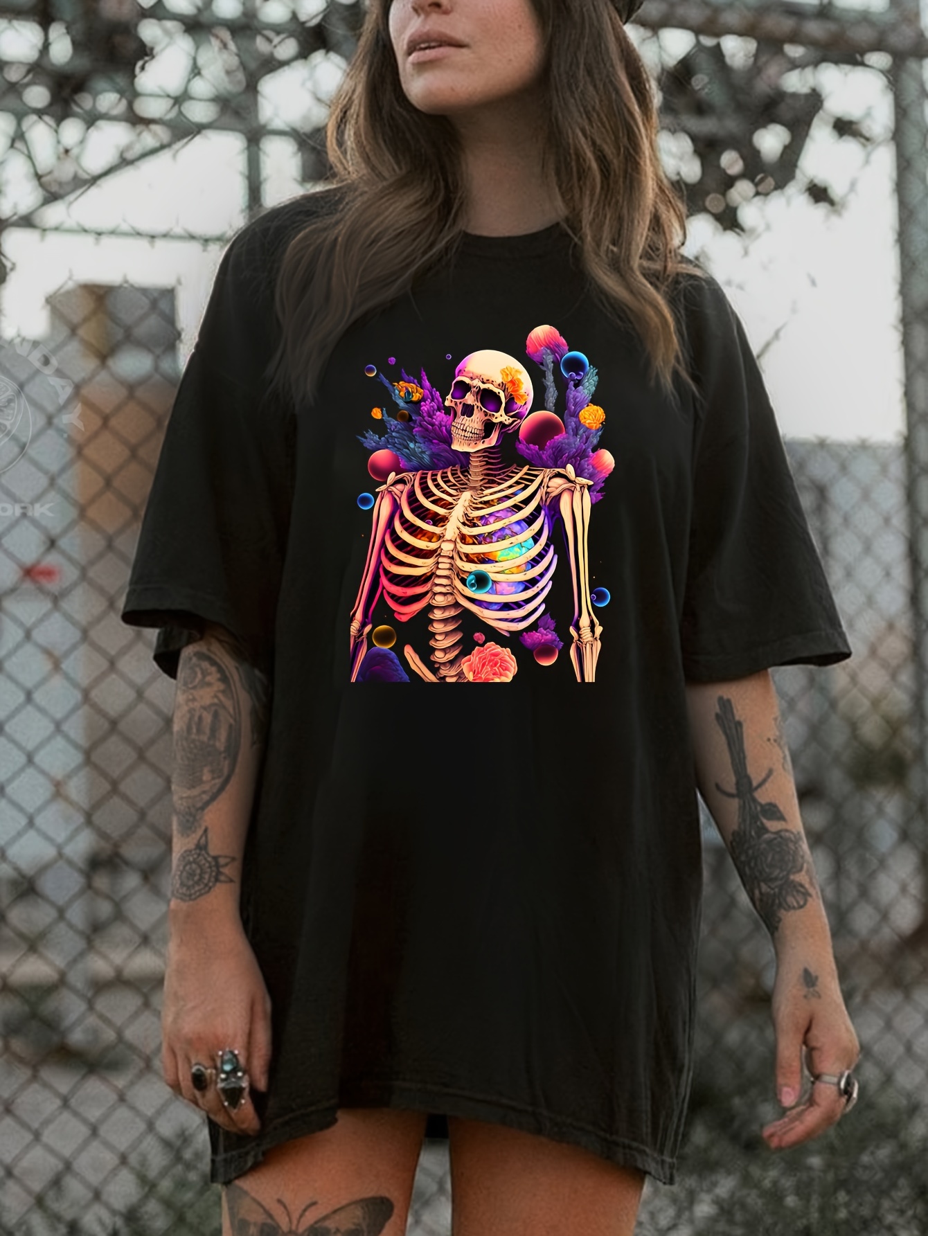 Grunge Skull Print Casual T shirt Short Sleeve Drop Shoulder - Temu