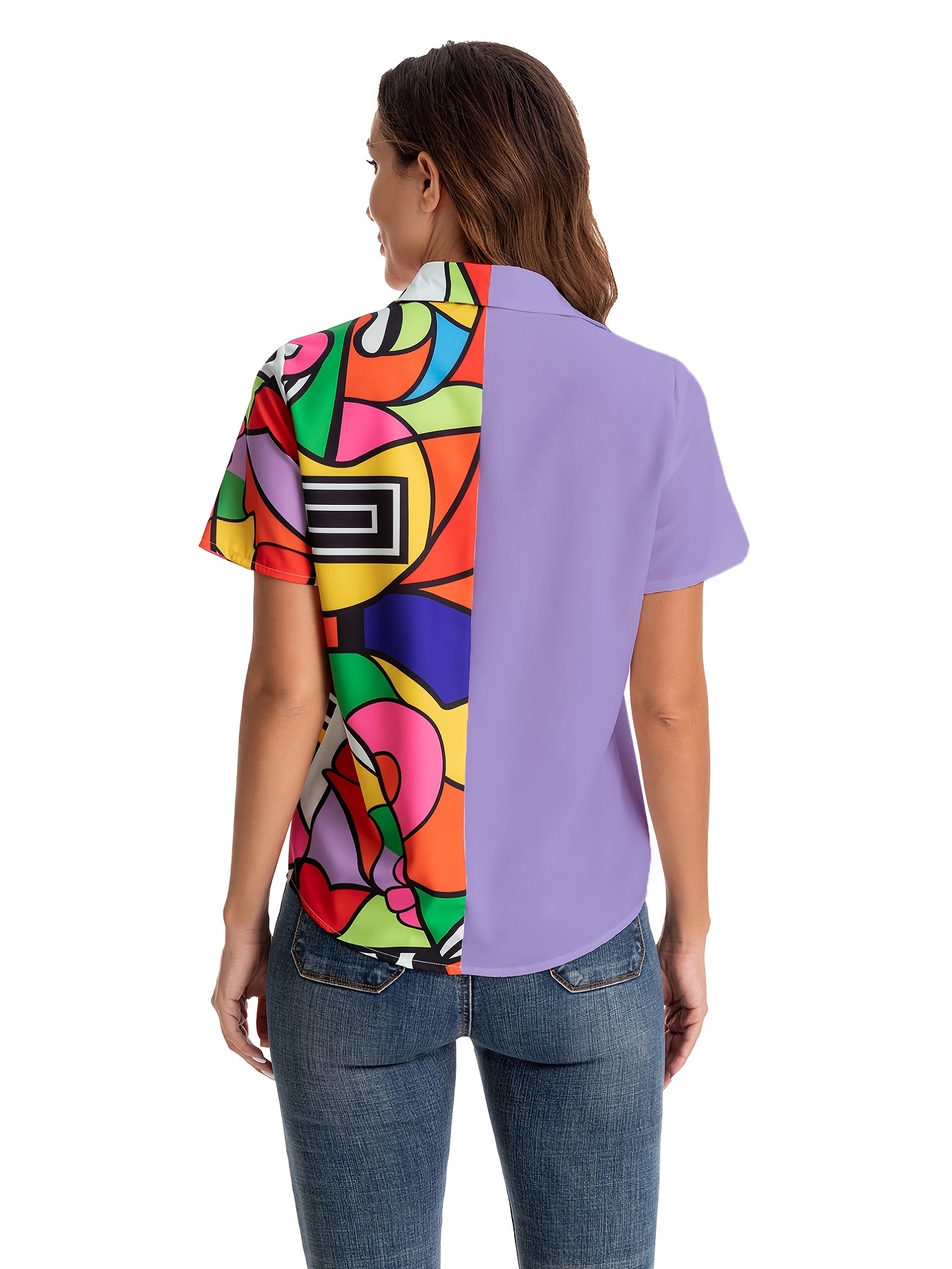  Ladies T Shirt Tops Women's Printed Patchwork Buttons