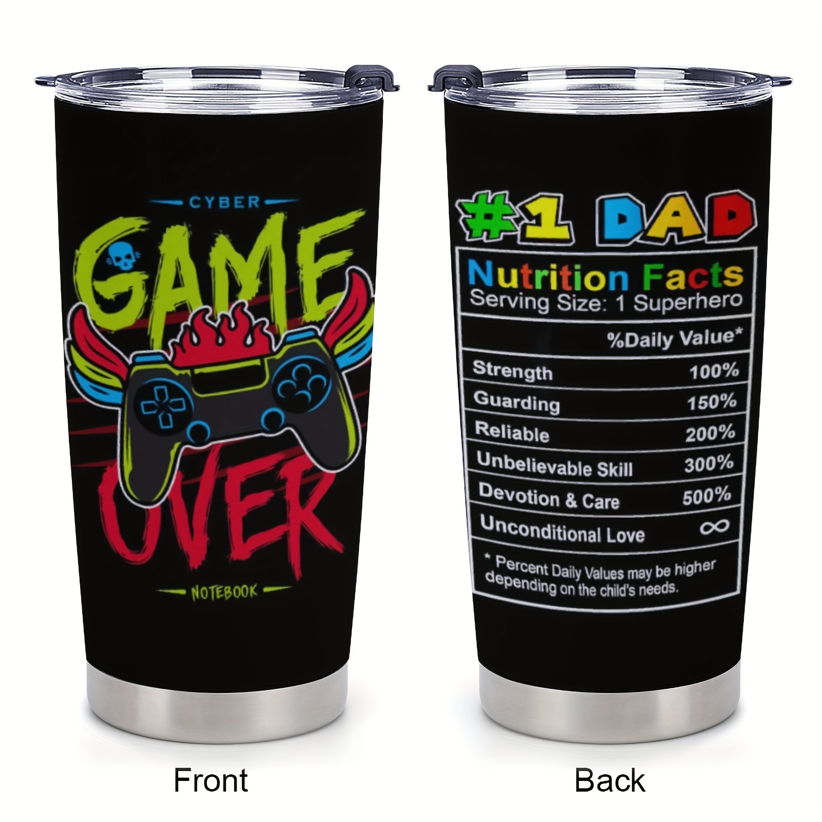 

1pc 20oz Stainless Steel Cup With Lid, Gifts For Dad, Game Dad Coffee Mug, Dad Nutrition Facts, Funny Dad Birthday Gifts