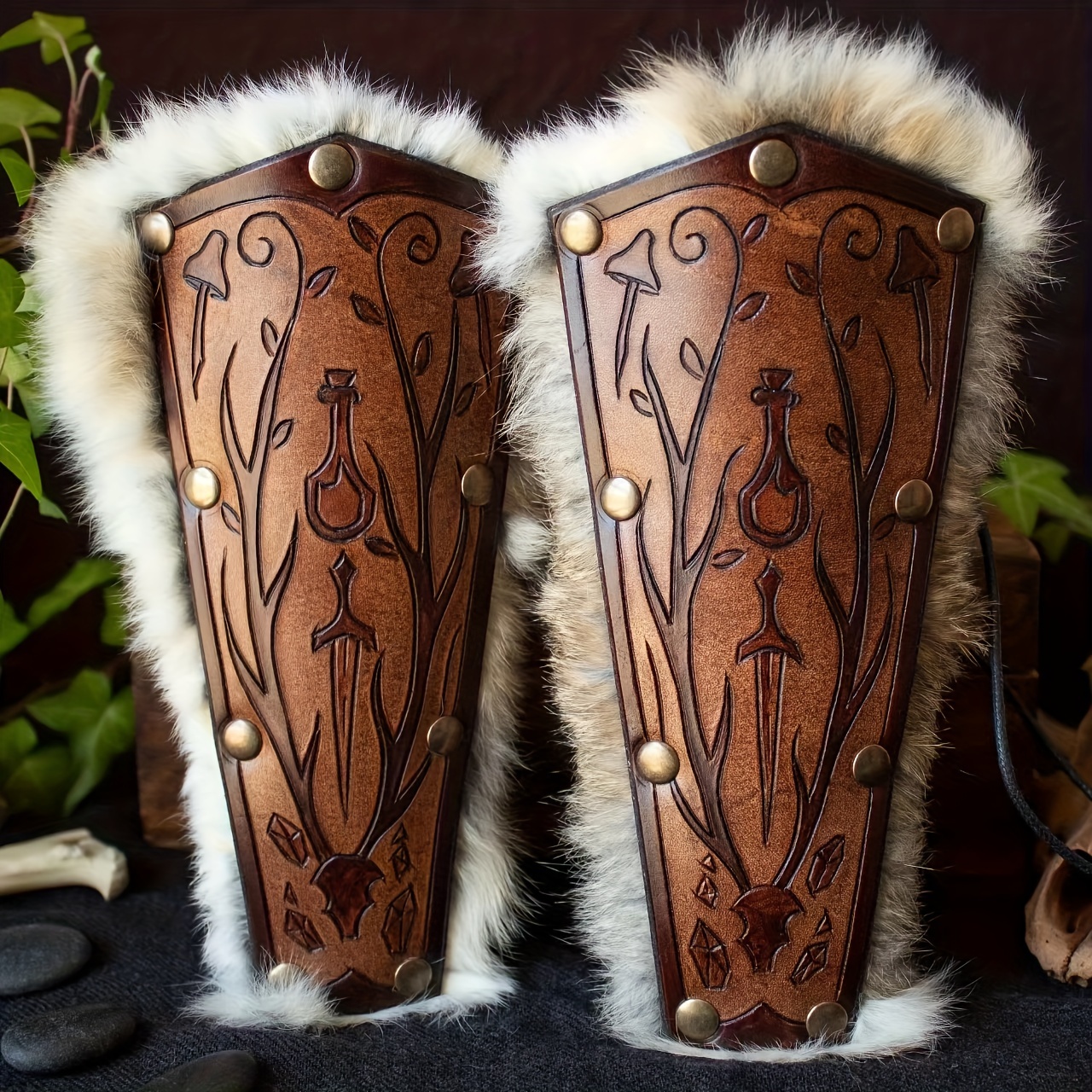 Viking Leather Bracers Embossed Leather. Available in: brown