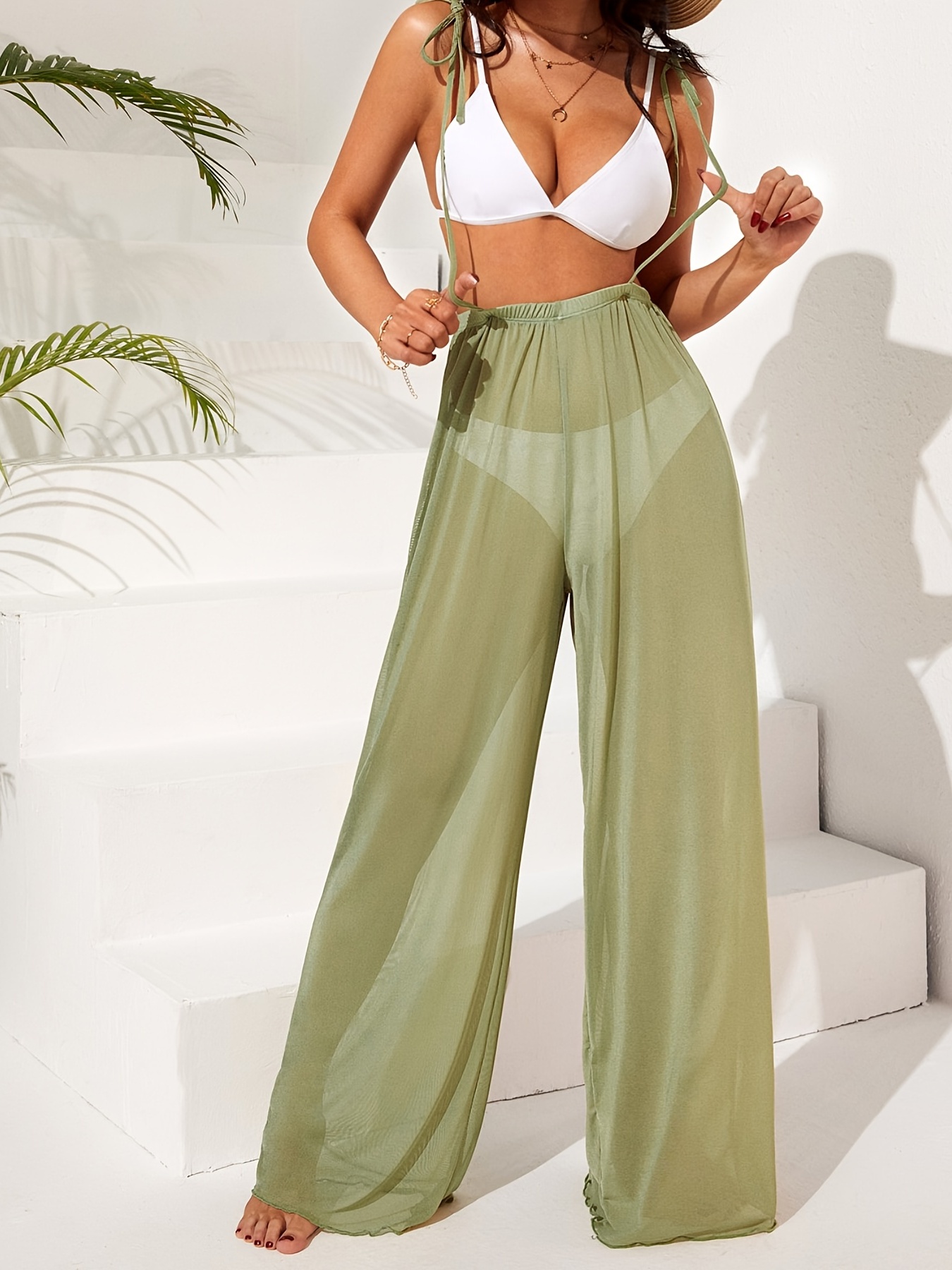 Pantalones de malla transparente para mujer, para fiesta, club, cintura  alta, elástica, pierna ancha, traje de baño de playa, parte inferior de  bikini