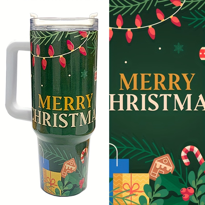 Christmas Theme Printed 40oz Double Wall Stainless Steel Vacuum Tumbler  With Handle - Screw On Matching Lid With Contrast Grip Featuring 3  Positions (Straw, Wide Mouth & Full Cover) - Sturdy Handle (