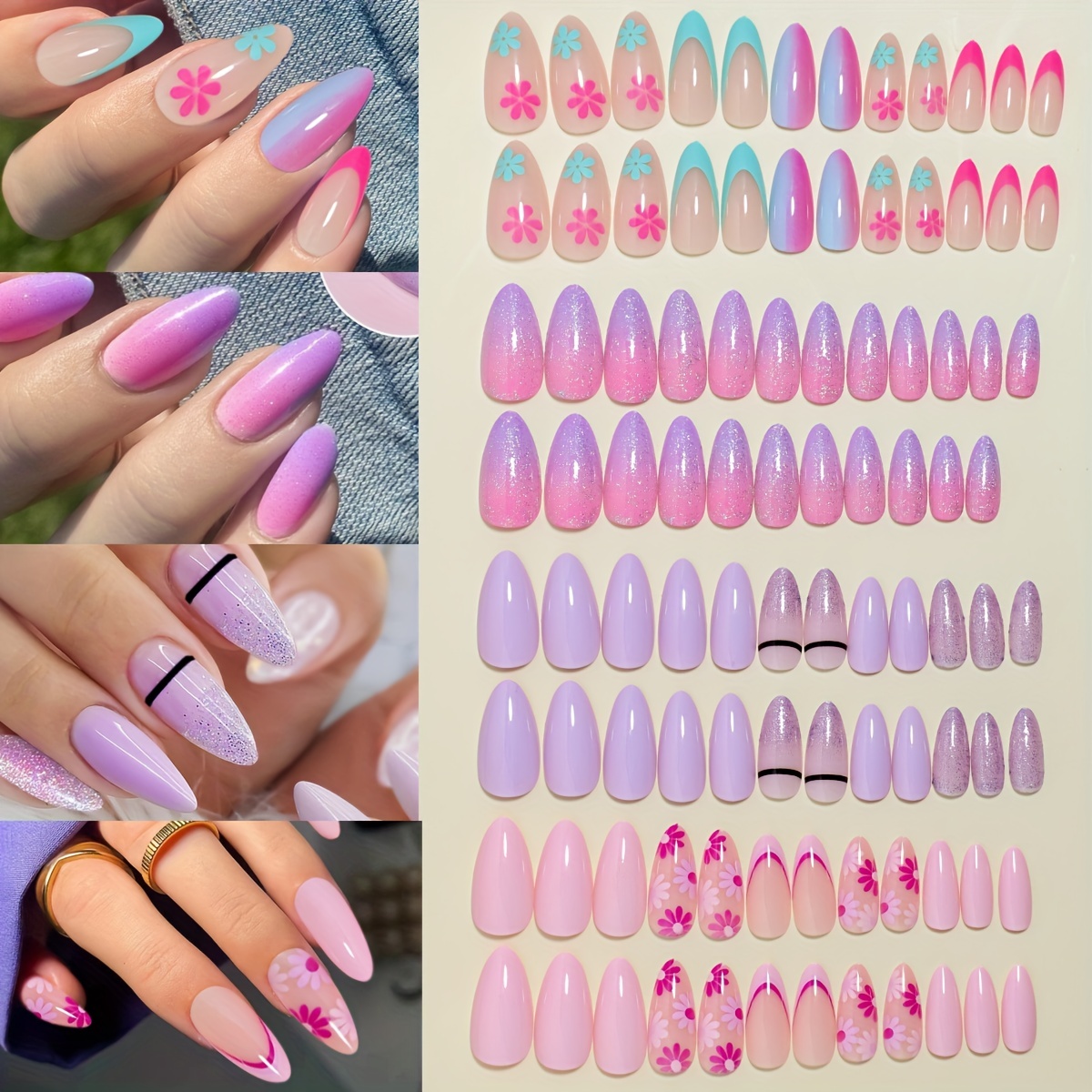 

4 Packs (96 Pcs) Pink Purple Press On Nails, Gradient False Nails With Cute Flower Design, Mixed Colorful Fake Nails Long Almond Glue On Nails Set With Adhesive Tabs Nail File For Women