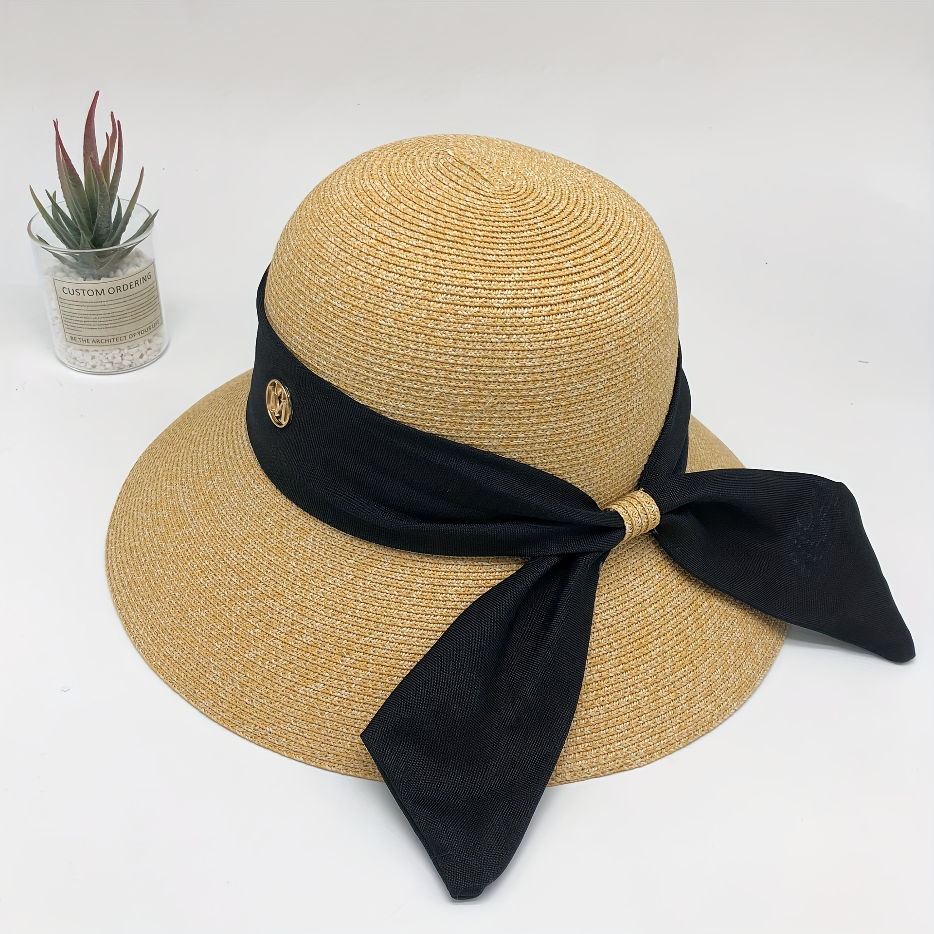 Ribbon Bow Decor Sun Hat Solid Curved Brim Straw Hat Jazz Fedora