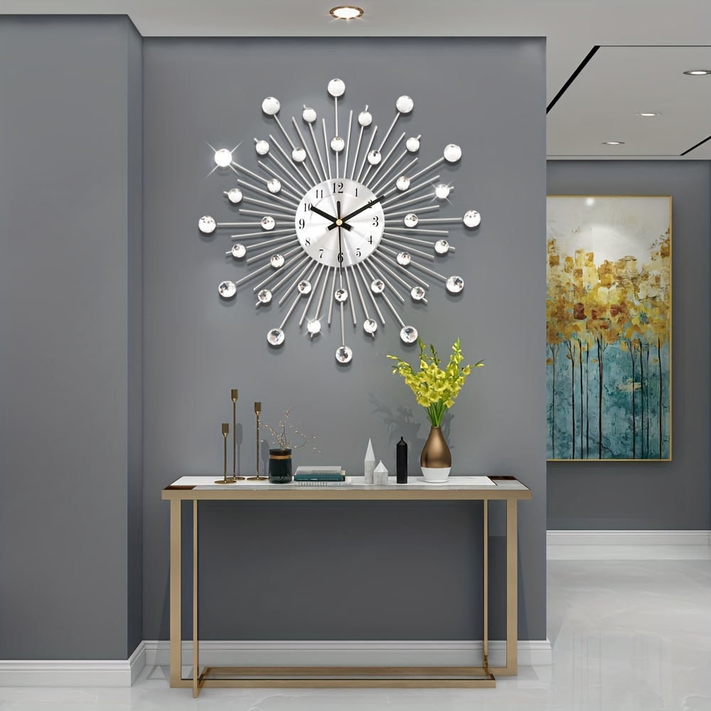 Modern 3d Crystal Wall Clock Metal Silver Mirror Sparkling - Temu