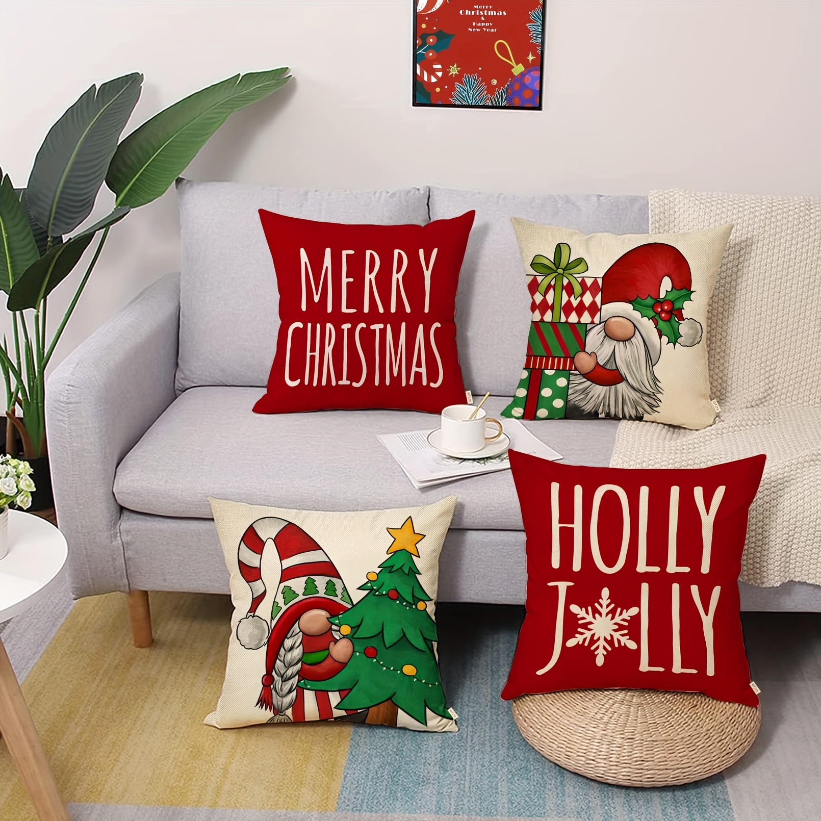 4pcs/set Christmas Linen Blend Throw Pillow Case, Square Cushion Case,  Decorative Pillow Cover For Living Room Bedroom Couch Sofa, Home Decor Room  Dec