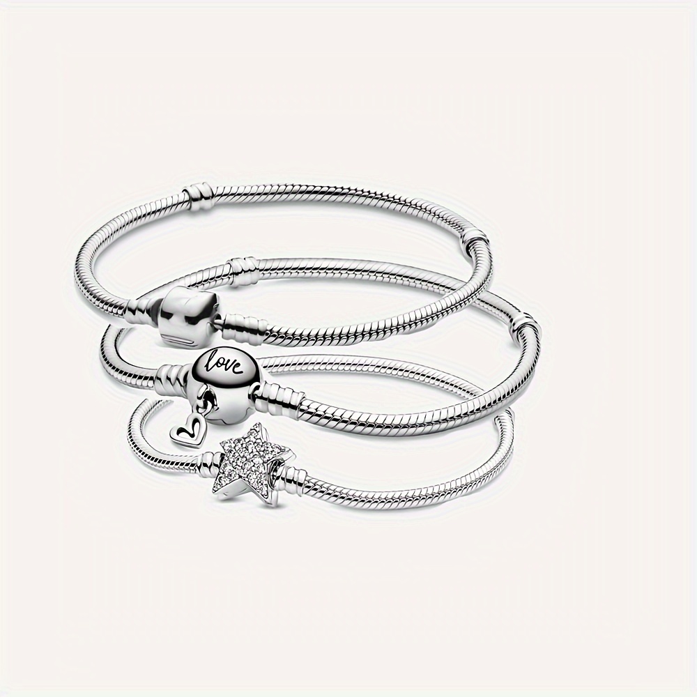 Charm Bracelet Fit Charms 925 Sterling Silver Basic Snake Chain Bracelet for Women Girls, Signature Bracelet with Sparkling Round Clasp Charm Clear