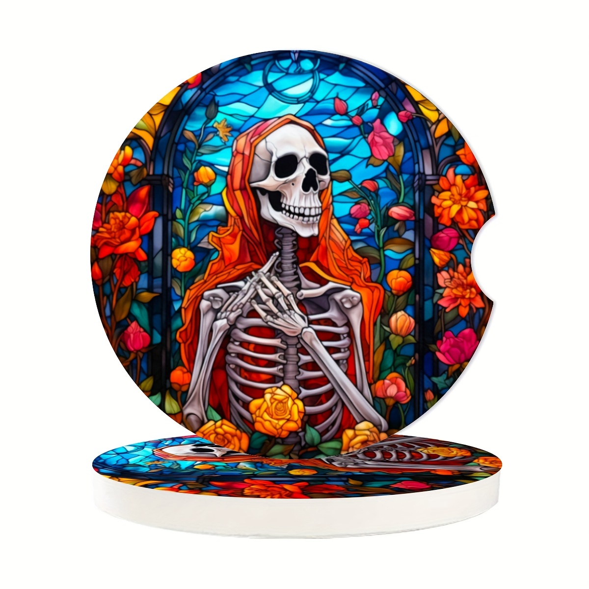 Lady Skull Ceramic Car Coasters With Cork Back And Finger - Temu