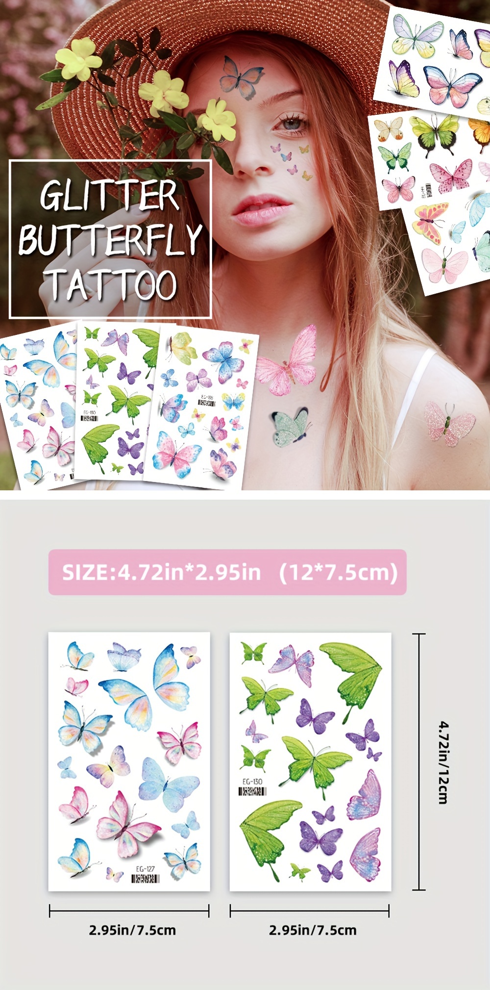 Tatouages Temporaires Papillon - 14 Feuilles Imperméables - Brillants Pour Fêtes Et Cosplay