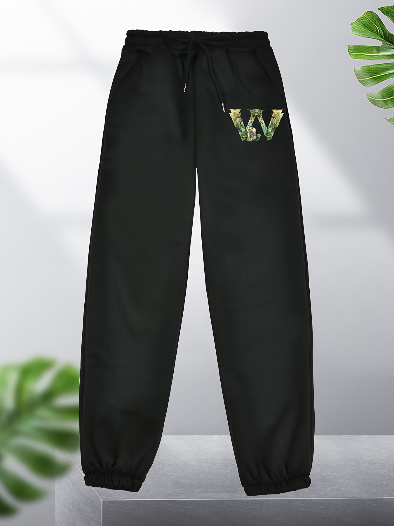 W Letter And Tiger Graphic Casual Sweatpants Drawstring - Temu