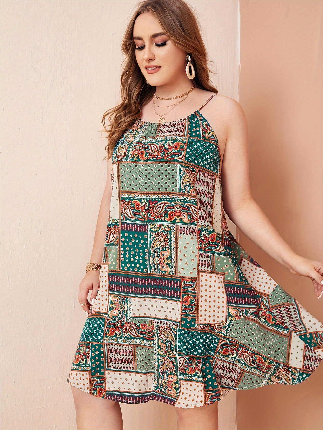 Plus Boho Aztec Ruffle Smock Dress