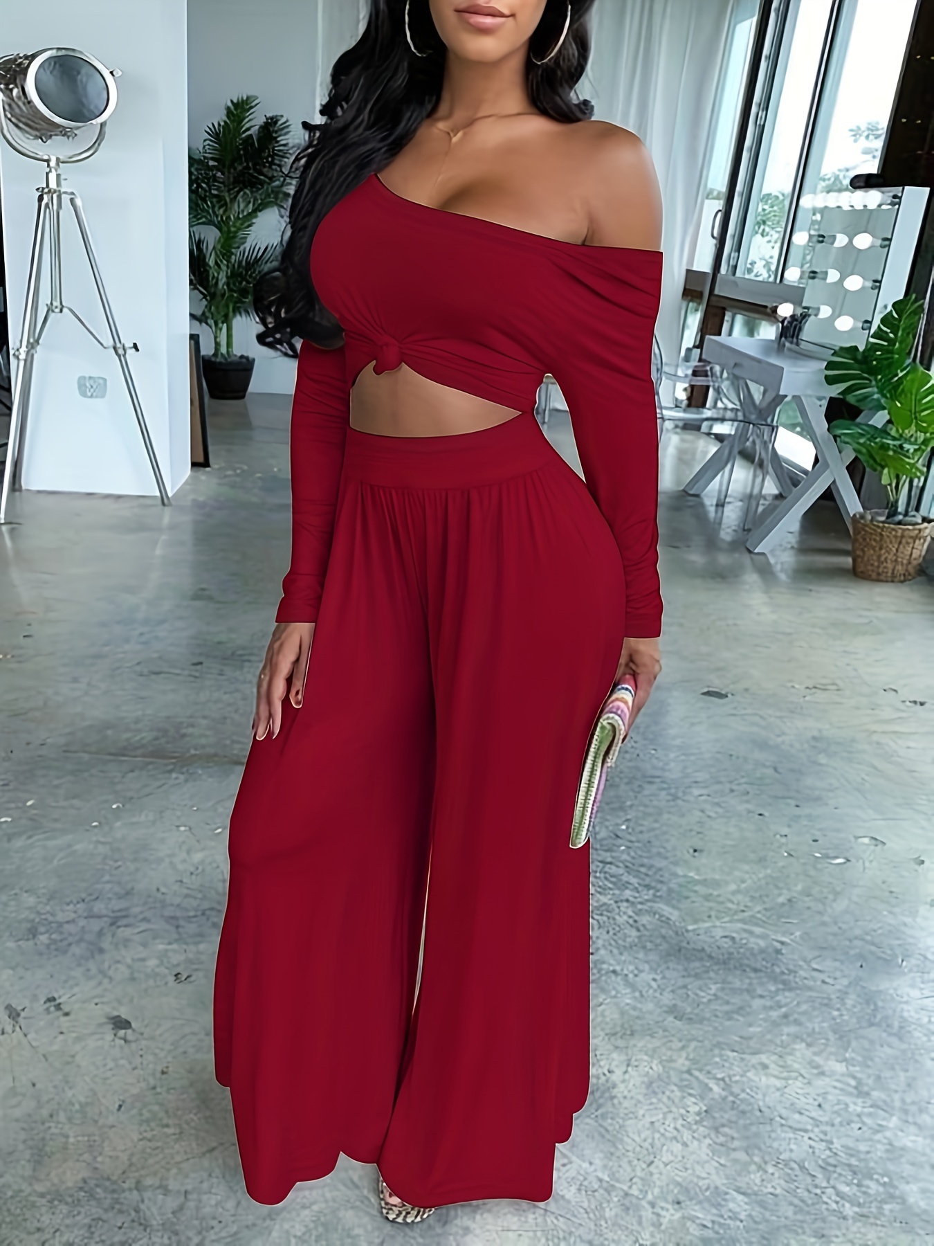 Athleisure Solid Long Sleeve Crop Top Wide Leg Pants Matching Set