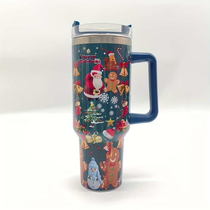 1pc 1200ml Stainless Steel Tumbler With Straw, Cute Cartoon Christmas  Pattern Travel Mug With Handle For Car And Outdoor Use