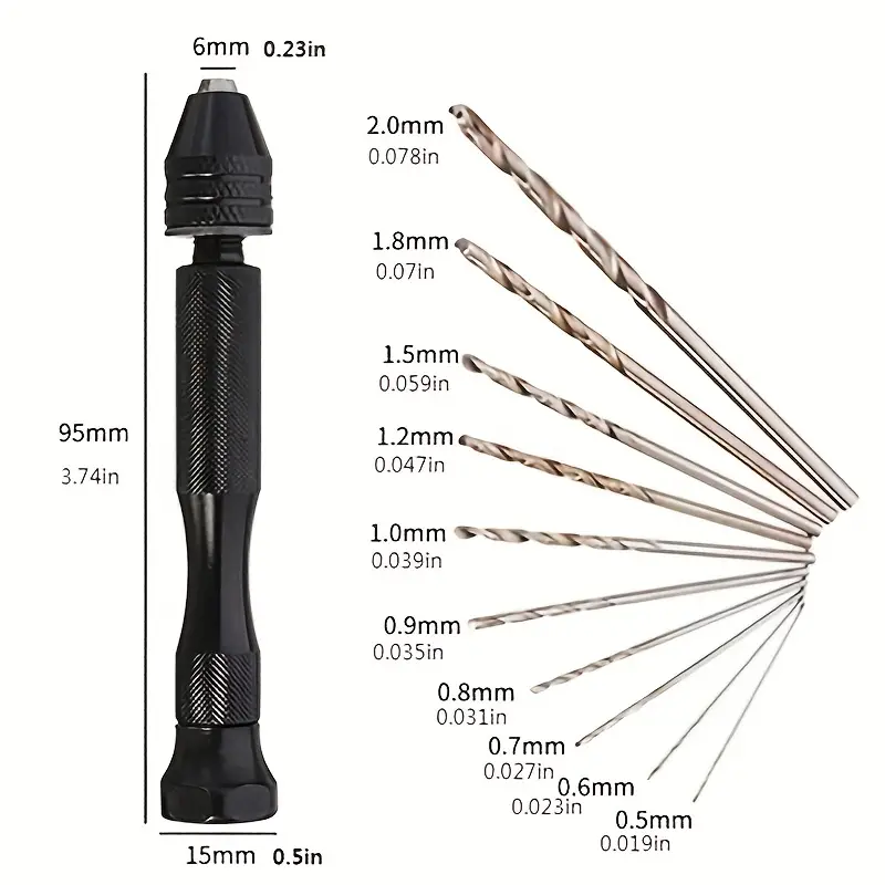 Hand Drill + 10Pcs Mini Micro Drill Bits For Woodworking Drilling Rotary  Watch Making Crafts Jewellery PCB