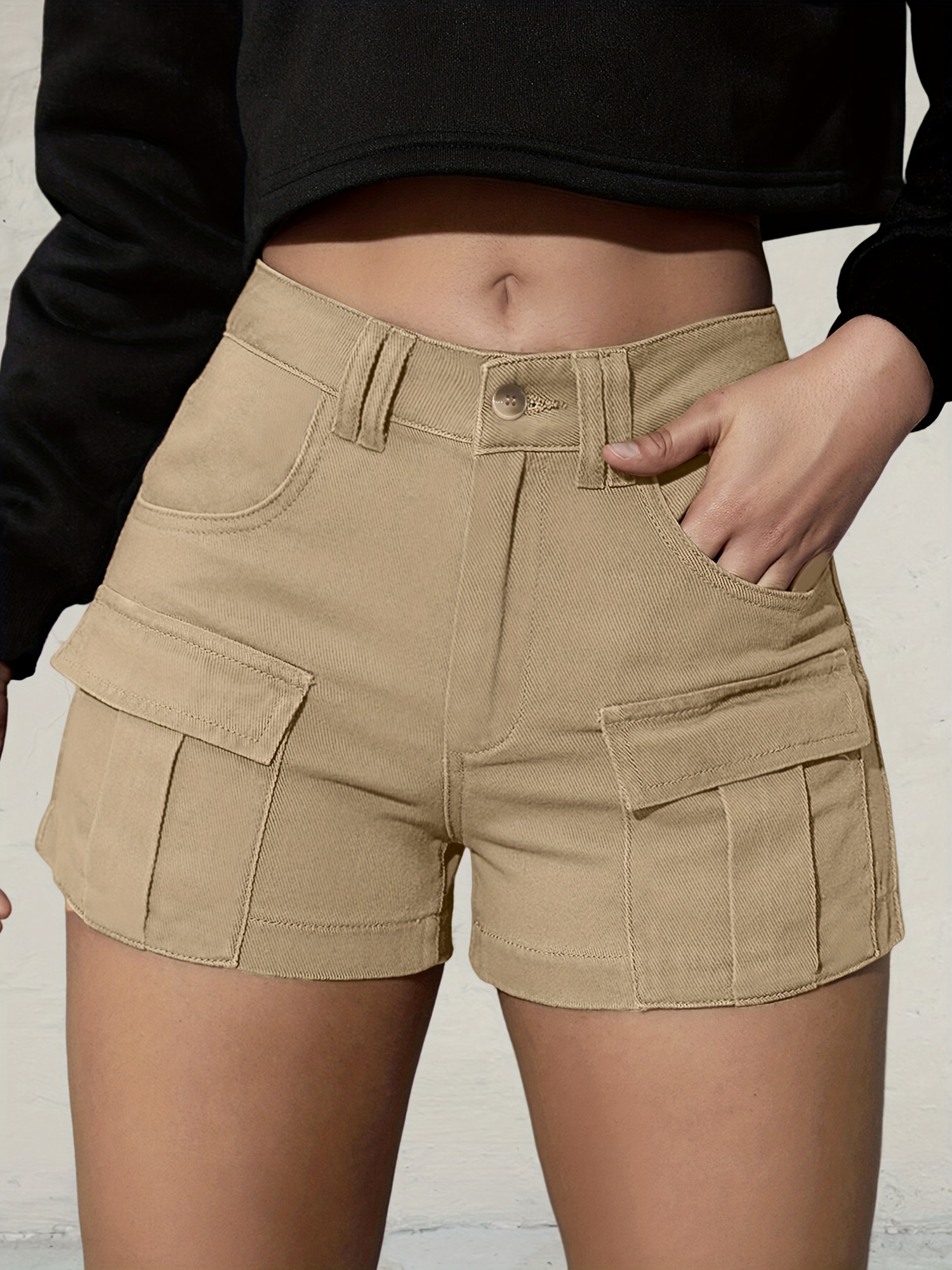 Solid Flap Pocket Shorts, Casual Low Waist Cargo Shorts For Summer, Women's  Clothing