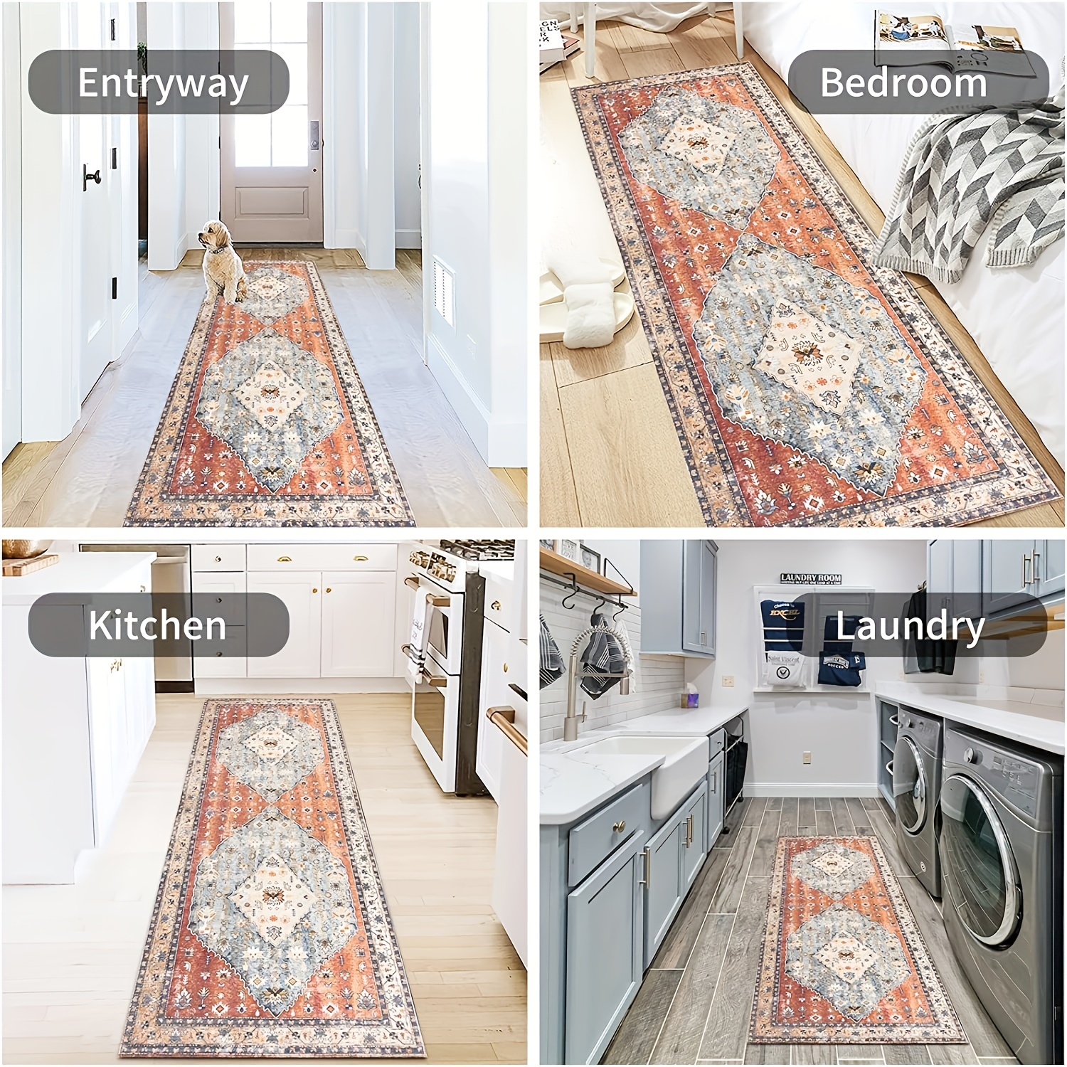RUGxDJ Tribal Area Rug 4x6 Washable Distressed Kitchen Rug Non Slip Boho Entryway Rugs Indoor Thin Persian Accent Rug Soft Faux Wool Carpet for